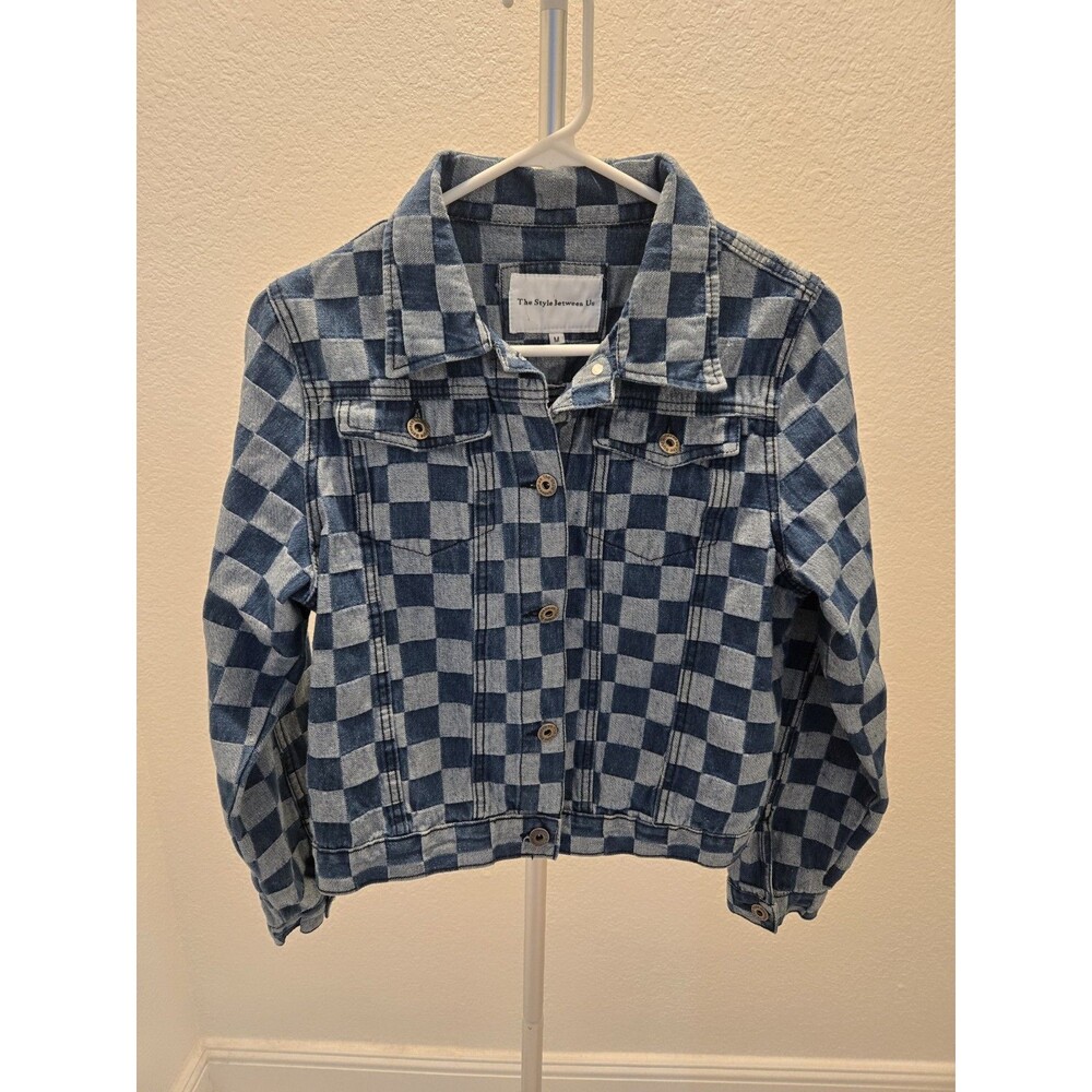 Forever 21 Checkered Board Print Cropped Trucker Denim Blue Y2K Jacket Medium